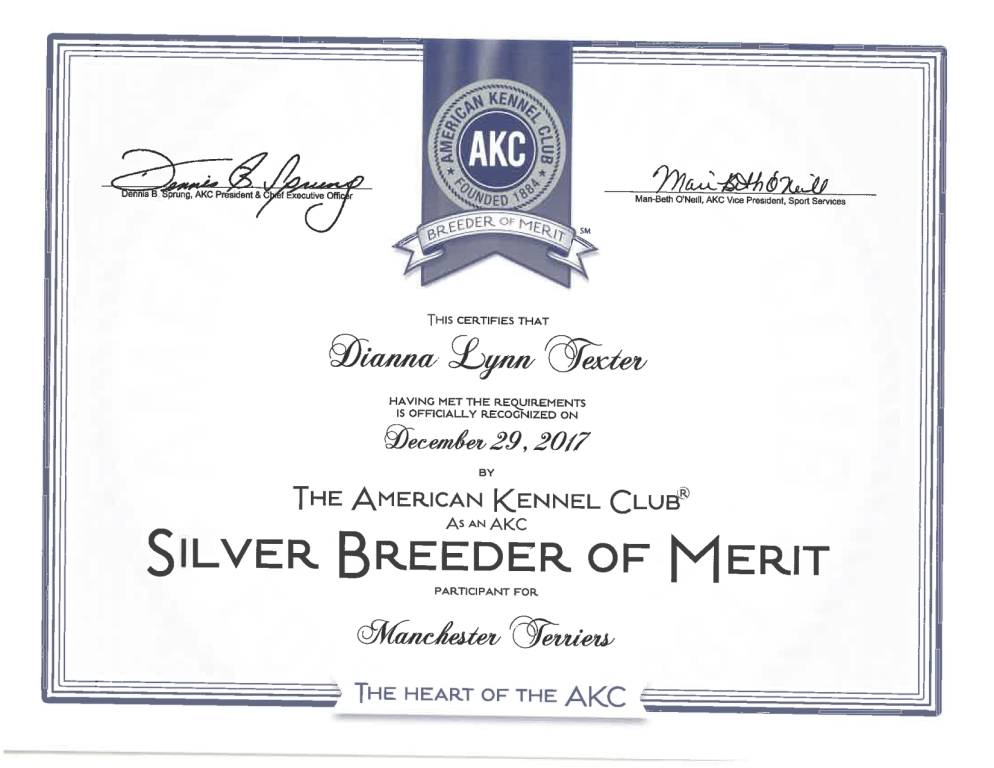 AKC Breeder of Merit Certificate